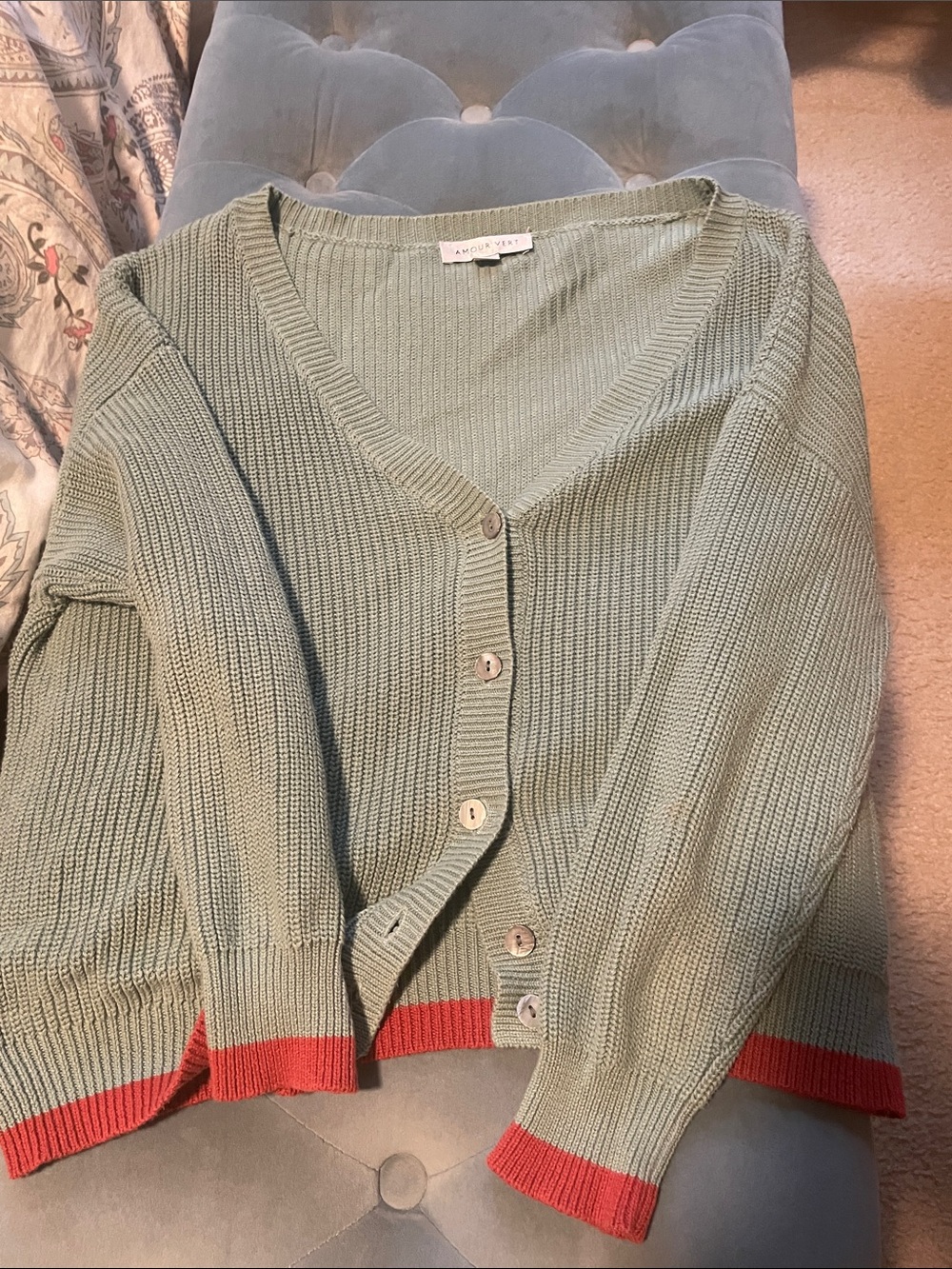 Amour Vert Sage Green Knit Cardigan with Coral Hem